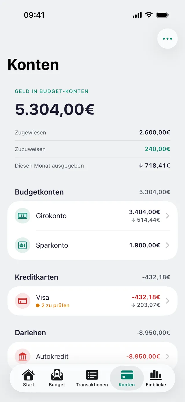 Die Kontenübersicht von newmonth mit Budgetkonten und Tracking-Konten außerhalb des Budgets.