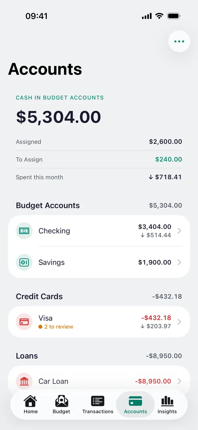 The newmonth accounts overview with on-budget spending accounts and off-budget tracking accounts.