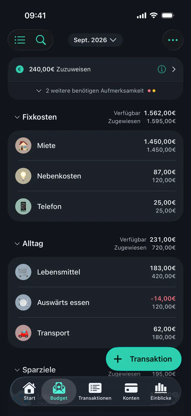 The same Budget screen in German with euro amounts, in the other color scheme.