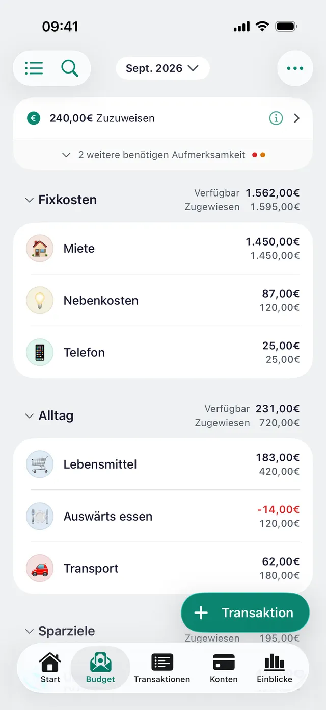 Der Budget-Bildschirm von newmonth: Geld wartet noch in Zuzuweisen, der Rest ist auf Kategorien verteilt.