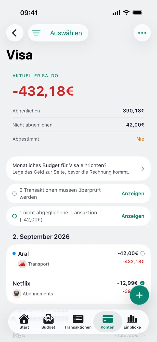 Ein Kreditkartenkonto in newmonth mit transparentem Schuldenmodell und Abrechnungs-Status-Chip.