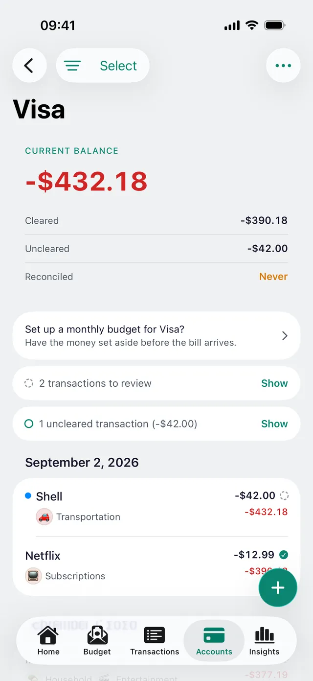 A newmonth credit-card account showing the transparent debt model and statement-readiness chip.