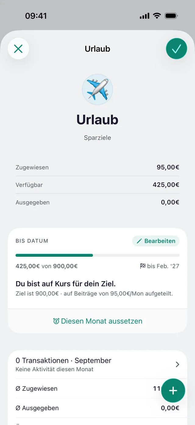 Eine newmonth-Kategorie mit Finanzierungsziel und der Zeile „Zuweisen, um dein Ziel zu erreichen“.