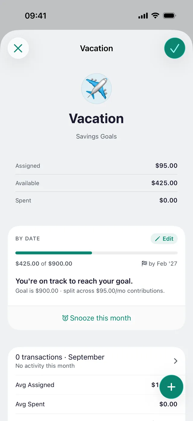 A newmonth category with a funding goal and a one-tap “assign to reach your goal” row.