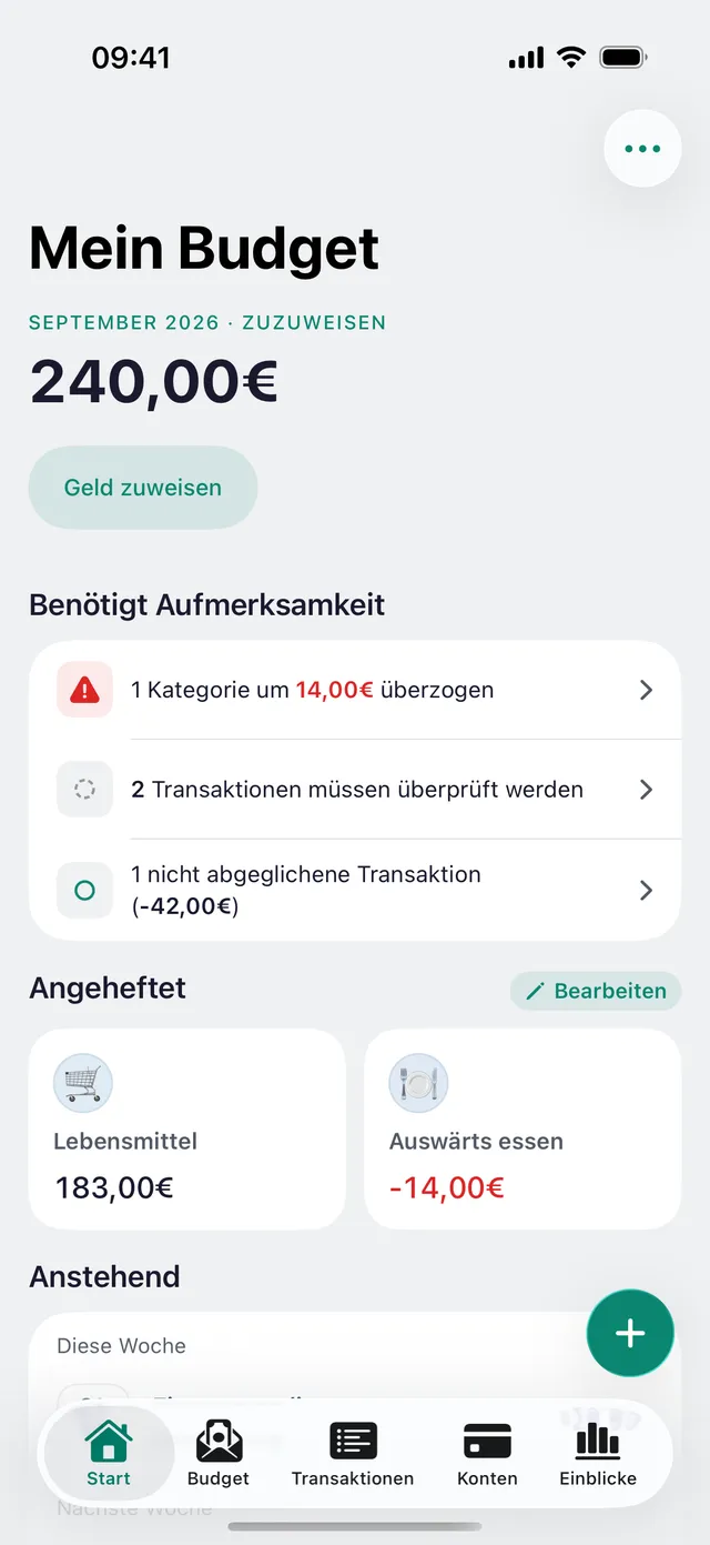 Der Tab „Start“ von newmonth: der Zuzuweisen-Betrag des Monats, die Liste „Benötigt Aufmerksamkeit“, angeheftete Kategorien und anstehende geplante Transaktionen.
