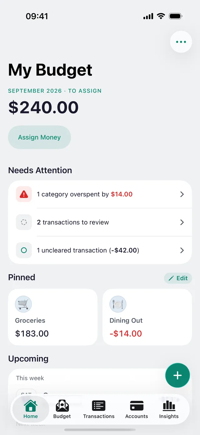 The newmonth Home tab: this month’s To Assign amount, a Needs Attention list, pinned categories and upcoming scheduled transactions.