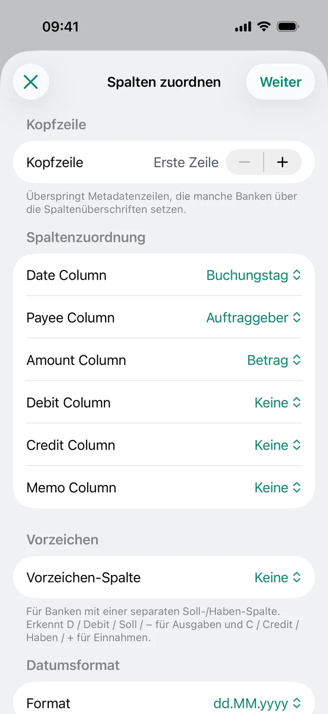 Der CSV-Import von newmonth, der Spalten den Transaktionsfeldern zuordnet.