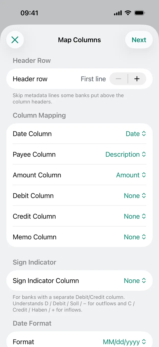 The newmonth CSV import screen mapping columns to transaction fields.